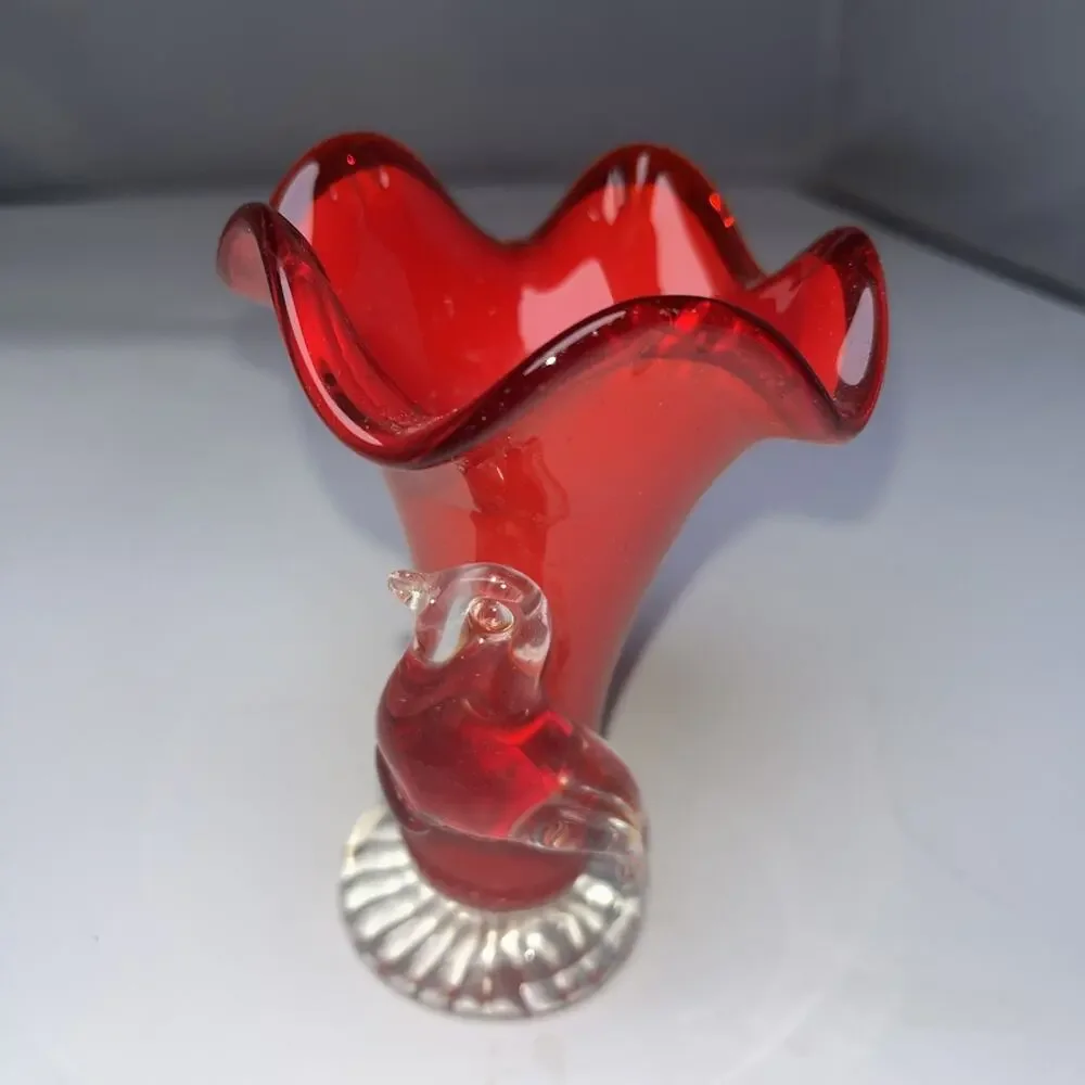 Vintage Blown Art Glass Vase Ruffled Edge w/ Applied Glass Bird 4.5" Murano - Picture 2 of 7